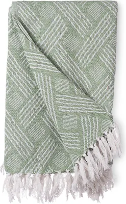A folded green blanket with a white geometric pattern and white fringe on the edges, lying flat on a white background.