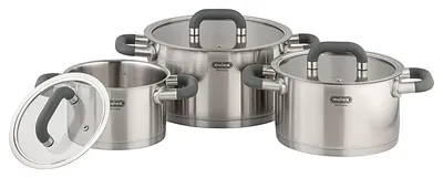 A set of stainless steel pots with glass lids and gray handles, arranged on a white background.