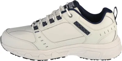 Side view of a white Skechers sneaker with blue accents.