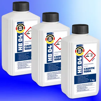 Produktbild von 3x1kg HB04 Natriumhydroxid Ätznatron kaustisches Soda NaOH Reiniger D+D-V Flasche sichere Verpackung