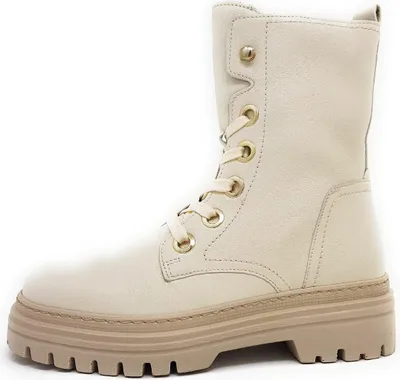 A single beige boot on a white background.