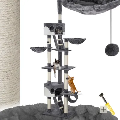 A multi-level cat tree with several platforms, scratching posts, and hanging toys, featuring two cats interacting with the structure. The image also includes a large scratching post on the left and hardware for assembly on the right.
