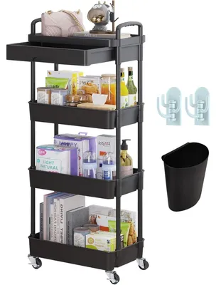 Produktbild von Küchenwagen Servierwagen Bücherwagen - Kunststoff - 4 Ebenen - Schwarz