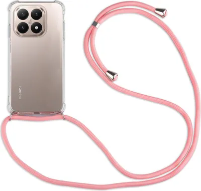 A transparent phone case with a pink lanyard attached to it, shown against a white background.