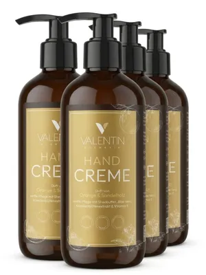Produktbild von VALENTIN Kosmetik Handcreme Orange & Sandelholz mit Sheabutter, Aloe Vera, Kamillenblütenextrakt & Vitamin E 4er Pack 4x300ml