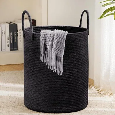 Obrázok produktu pre Skladací kôš na bielizeň - Veľký úložný kôš z bavlneného lana - Čierny kôš na bielizeň - 38 x 50 cm (Š x V)