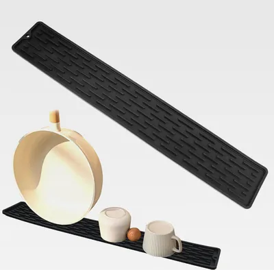 Produktbild von Abtropfmatte Schmal, Platzsparend Barmatte Schmale Silikon Abtropfmatte Geschirr, Rutschfest und Langlebig Trockenmatte für Glasbecher, Trinkglas, Schneidebrette, 55 x 8,8 x 0.5 cm, Schwarz