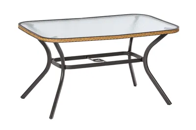 A rectangular glass-top table with a woven-style edge and dark metal legs, isolated on a white background.