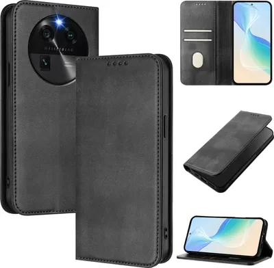 Obrázek produktu pro Pouzdro pro Oppo Find X6, vintage kožené pouzdro s RFID ochranou, přihrádkami na karty, stojánkem Černý