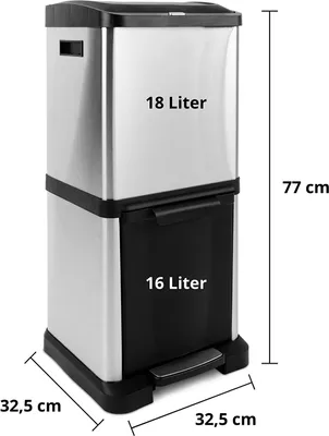 A product shot of a two-compartment trash can with dimensions and capacity labeled.