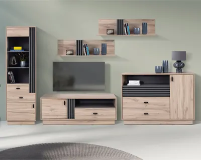 Produktbild von Wohnzimmermöbel-Set mit Kommode, Vitrine & Lowboard in Eiche Nb. modern 5-teilig ANTIGUA-133