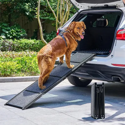 Imagen del producto de Rampa para perros para coche - 170 cm, aluminio, plegable - Superficie antideslizante - Color  y gris - Para perros grandes de hasta 90 kg