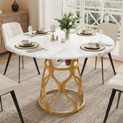 Produktbild von MODFU Runder Esstisch 100×100×75 cm, Esszimmertisch mit Ablagefläche, Marmoroptik und goldfarbenem Metallgestell, Küchentisch für 4–6 Personen,Weiß