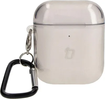 A transparent case for AirPods with a black carabiner attached.