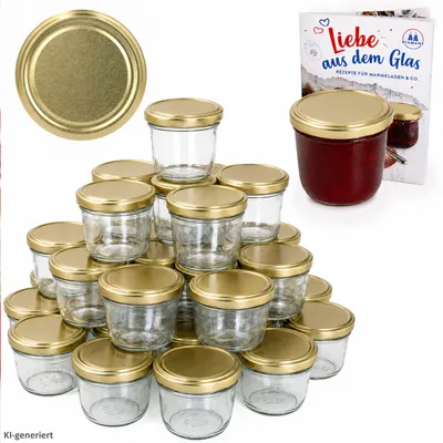 Zdjęcie produktu dla zestaw 100 szklanek 230 ml Do 82 ze złotą pokrywką, w tym książeczka z przepisami Diamant-Zucker Gelierzauber
