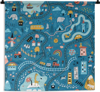 Produktbild von MuchoWow® Wandteppich Wandbehang Kinder - Auto - Tiere - Blau 60x60 cm Tapisserie Dekoration Wandtuch - Dekorationen - Wand Decke