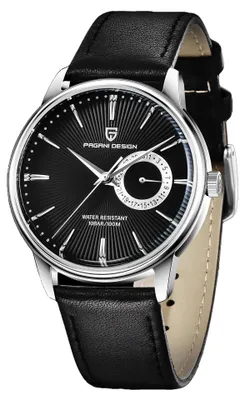 Zdjęcie produktu dla Męski zegarek Pagani Design, mechanizm kwarcowy, skórzany pasek, kolor czarny / srebrny