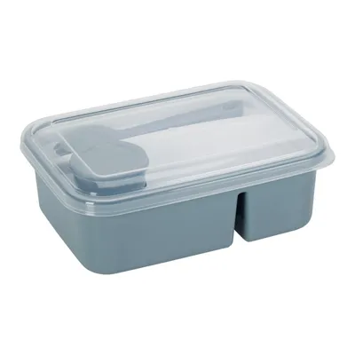 Produktbild von Kunststoff Lunchbox 2-Fächer ca. 1,8 L – Brotdose mit Besteck & Soßendose Spülmaschinenfest Brotbox 20x14x7 cm Blau
