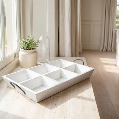 Produktbild von Rechteckiges Tablett, 6 Fach, Weiß, Holz, Serviertablett  Frühstückstablett