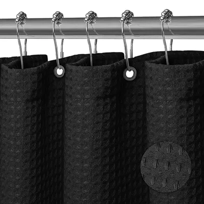 Productafbeelding van Wasbare douchegordijn van polyesterweefsel met 12 metalen ringen, waterdicht voor douche en bad, 180 x 180 cm, wafelpatroon, zwart