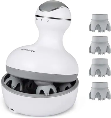 Obrázok produktu pre Latme Elektrický masážny strojček na pokožku hlavy 4 náhradné masážne hlavice Prenosný škrabák na hlavu - tkaninový uzol Nápad na darčeky Stresové svaly Ramenné svaly Rameno