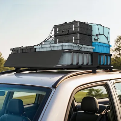 Produktbild von SUGIFT Dachgepäckträger Auto, Dachkorb Universal, Stahl pulverbeschichtet, Schwarz | 110,5 x 99,5 x 18,5 cm | 90,7 kg | Windabweiser