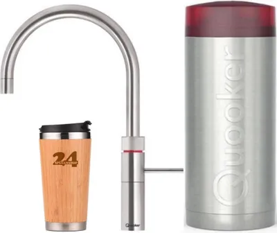 A Quooker tap and hot water dispenser with a branded travel mug.