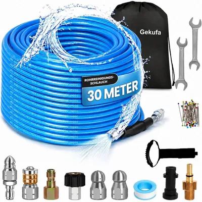 Image de Tuyau de nettoyage de canalisations - Tuyau haute pression 30 m - 400 bar - Avec buses et adaptateurs