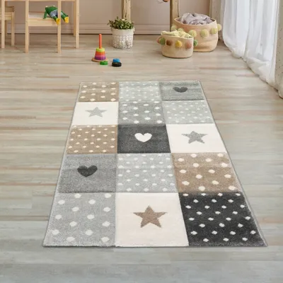 Produktbild von Kinderzimmer Teppich Spielteppich Herz Stern Punkte Design braun beige grau Größe - 80 x 150 cm
