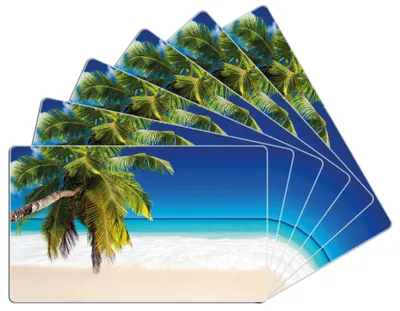 Produktbild von Wallario Frühstücksbrettchen 6er Set aus Glas, je 14 x 23 cm, mit rutschfesten Füßen, Motiv Südseestrand in der Karibik mit Palme