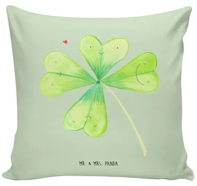 Produktbild von Mr. & Mrs. Panda zier kissen Blume Kleeblatt - Blattgrün - Geschenk, Umzug, Glück, für sofa, Blumen, Motivation, 40x40, Polster, Kleeblätter, kuschelkissen, bedruckt