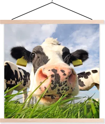 Produktbild von MuchoWow® Textilposter Kuh - Bauernhof - Gras - Tiere 120x120 cm mit holzfarbenen Rahmen - Textil-Poster