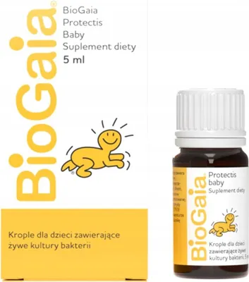 A product shot of BioGaia Protectis Baby drops, with the box on the left and the bottle on the right.