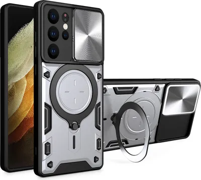 Produktbild von Handyhülle für Samsung Galaxy S21 Ultra 5G Dual-Layer Stoßfest Rüstung Hülle mit Dia Kameraschutz und Kreisförmig Ring Ständer Silber