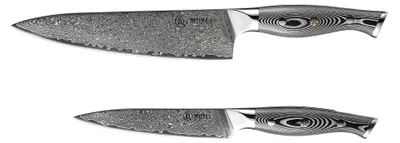Imagen del producto de Sada de 2 cuchillos de acero damasco inoxidable V10, con 62 capas, un cuchillo de cocina extra afilado y un cuchillo para verduras con filo en V, apto tanto para diestros como para zurdos