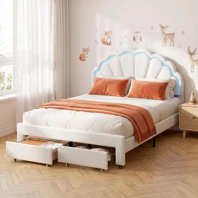 Immagine prodotto di Letto per bambini INONEFT, imbottito, 140x200 cm, con LED, letto matrimoniale con testiera a forma di petalo e rete a doghe, letto per adolescenti con cassetto, in velluto, bianco