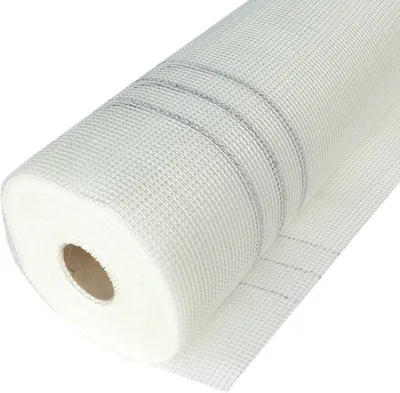 A roll of white fiberglass mesh fabric, likely for construction or renovation purposes, is shown against a white background.