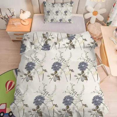 Immagine prodotto di Biancheria per culla, 100x135 cm, set da 2 pezzi, colore grigio-blu, motivo floreale, microfibra, con cerniera