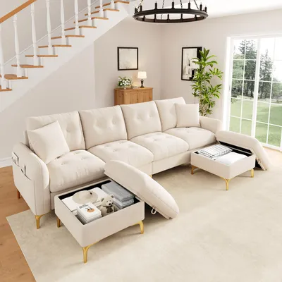 Produktbild von okwish 4-Sitzer klassisches Sofa mit Seitentasche und 2 Dekokissen, U-förmiges Sofa mit 2 Stauraumhockern,Ecksofa für Wohnzimmer, Beige