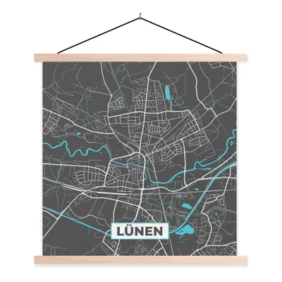 Produktbild von MuchoWow® Textilposter Stadtplan - Karte - Lünen - Blau - Deutschland - Karte 60x60 cm mit holzfarbenen Rahmen - Wanddekoration