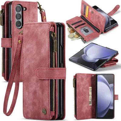 Produktbild von Leder Klapphülle für Samsung Galaxy Z Fold 5 Magnetverschluss Kartenfach Standfunktion Reißverschluss Geldbörse Schutzhülle Rot