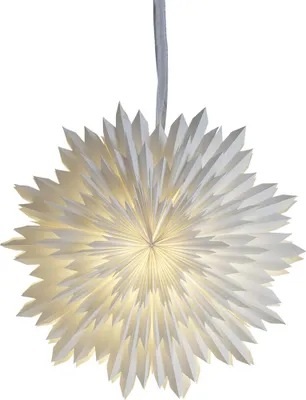 A white paper star lantern hanging from a string.