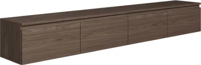 A long, low, wall-mounted cabinet with four doors, presented against a white background.
