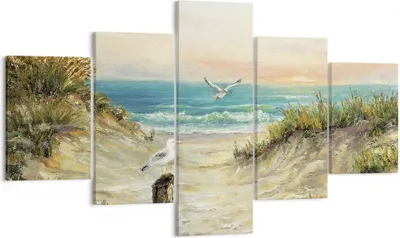 Produktbild von Bild auf Leinwand - Leinwandbild - 5 Teile - Impressionismus Möwen Küste - 125x70cm - Wand Bild - Wanddeko - Wandbilder - Leinwanddruck - Bilder - Wanddekoration - Leinwand bilder - EA125x70-4602