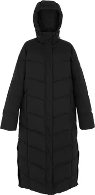 A full-length studio shot of a black puffer coat.