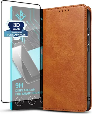Produktbild von Handyhülle für Samsung Galaxy S24 Ultra mit 9H Displayglas Kunstleder Flip Cover Hülle Handytasche Case Kartenfach Farbe: Hellbraun