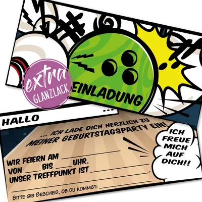 12 Einladungskarten Kindergeburtstag, Bowling, Comic-Stil, 21x10 cm