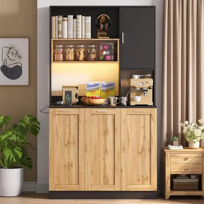 Produktbild von Merax Küchenschrank mit verstellbaren Einlegeböden, Hochschrank  mit offenen Fächern, Sideboard mit RGB-LED und Steckdose, MDF, Natur & Schwarz