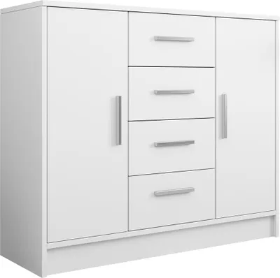 A white sideboard with two doors and four drawers, presented on a white background.