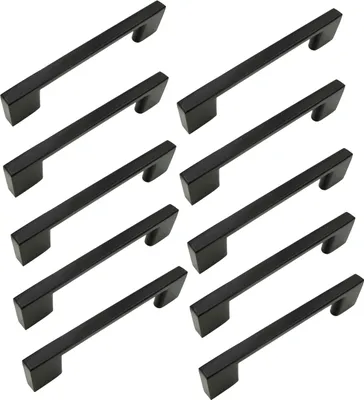 Image de lot de 10 élégantes poignées de meubles noires 96 mm en aluminium, noir mat, idéales pour les meubles de cuisine et de salon, accessoires de montage inclus.